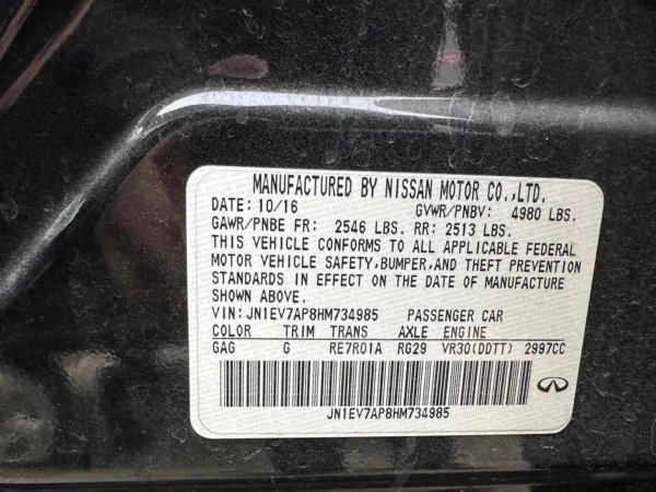2017-2023 INFINITI Q50 ENGINE MOTOR VIN E 4TH DIGIT RWD 3.0L VR30DDTT 300HP 11K - Image 2